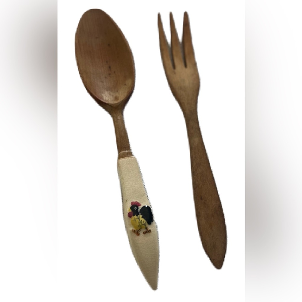 Vintage Serving Set WOOD AND CERAMIC  ROOSTER SPOON AND FORK Salad SET VINTAGE